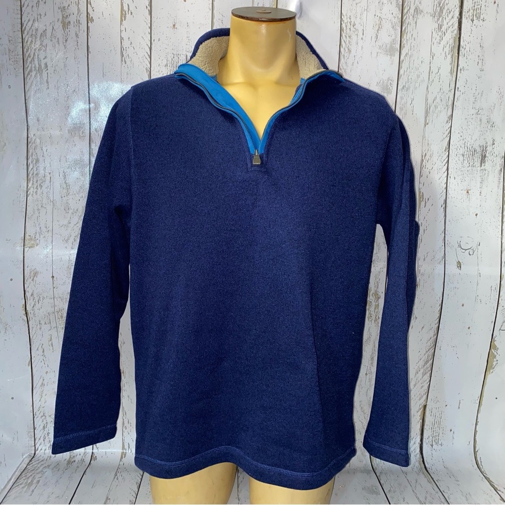 GH BASS Blue Sweater Mens Large 1/4 Quarter Zip Fleece Long Sleeve Fishing Lined